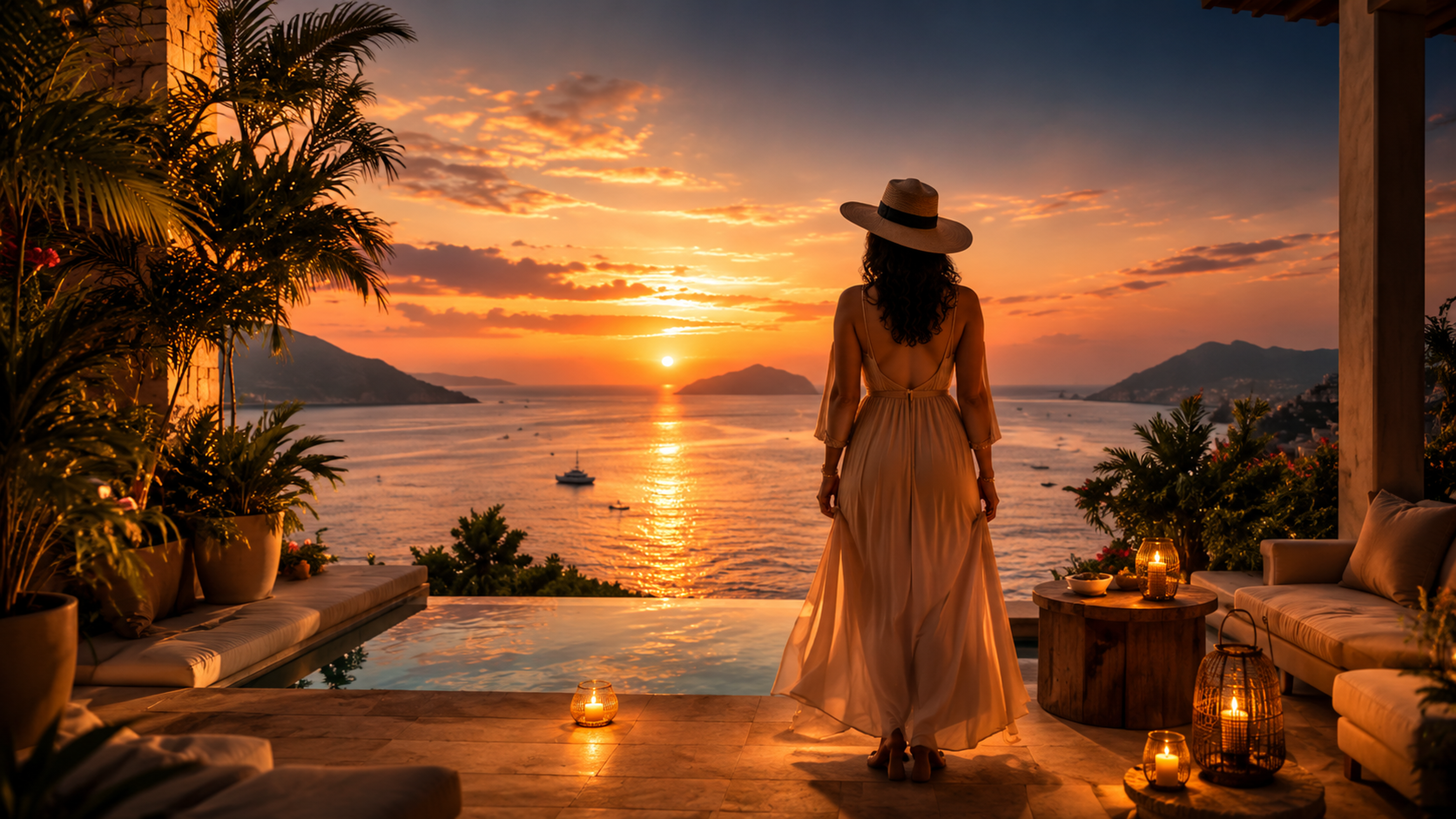 Woman in a flowing dress looking out at a golden-hour ocean view from a private terrace
